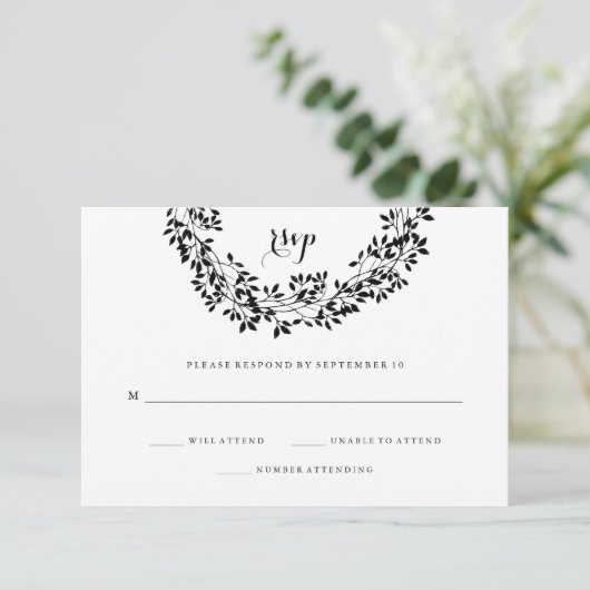 Zwart-wit rustieke botanische krans RSVP (Staand voorkant)