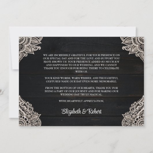 Zwart-wit rustieke elegantie bruiloft bedankkaart (Achterkant)