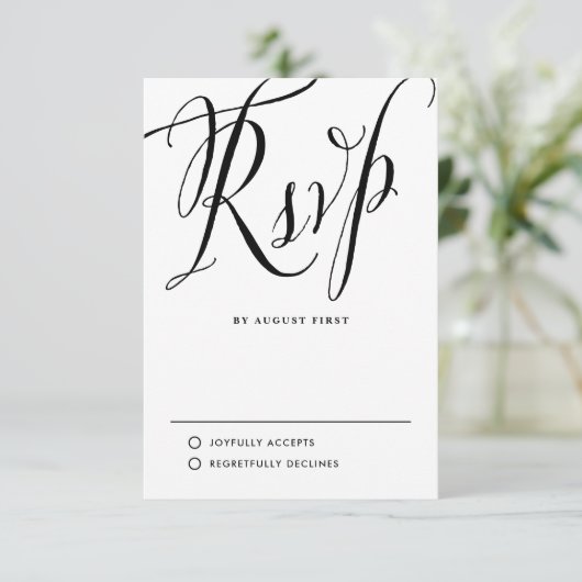 Zwart-wit rustieke kalligrafie bruiloft RSVP kaartje (Staand voorkant)
