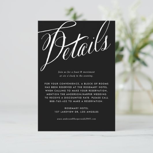 Zwart-wit rustieke kalligrafie Wedding Details Informatiekaartje (Staand voorkant)