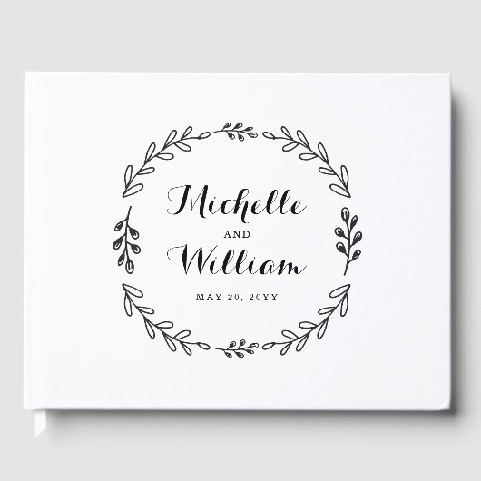 Zwart-wit rustieke lauwerkrans bruiloft gastenboek (Voorkant)