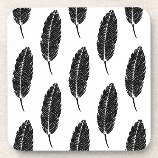 Zwart & Wit rustieke veren Linocut Bier Onderzetter (Voorkant)