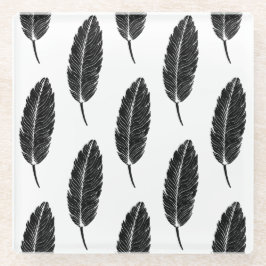 Zwart & Wit rustieke veren Linocut Glazen Onderzetter