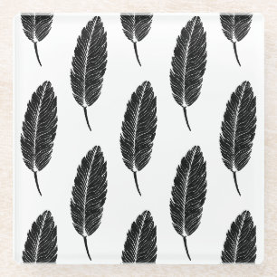 Zwart & Wit rustieke veren Linocut Glazen Onderzetter