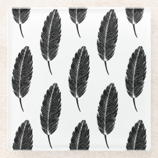 Zwart & Wit rustieke veren Linocut Glazen Onderzetter