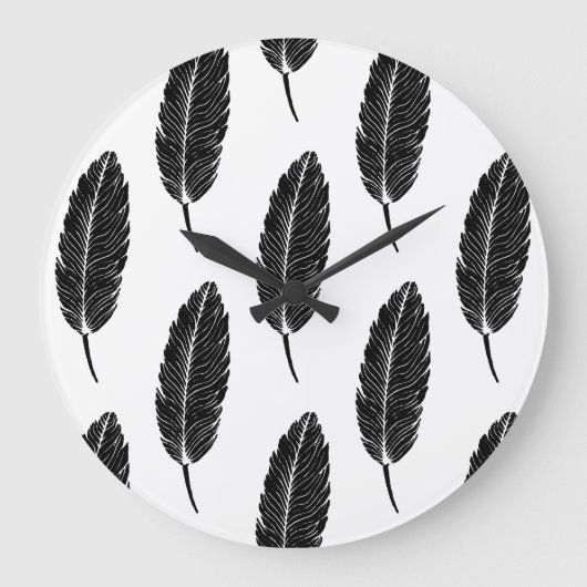 Zwart & Wit rustieke veren Linocut Grote Klok (Voorkant)