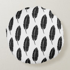 Zwart & Wit rustieke veren Linocut Rond Kussen