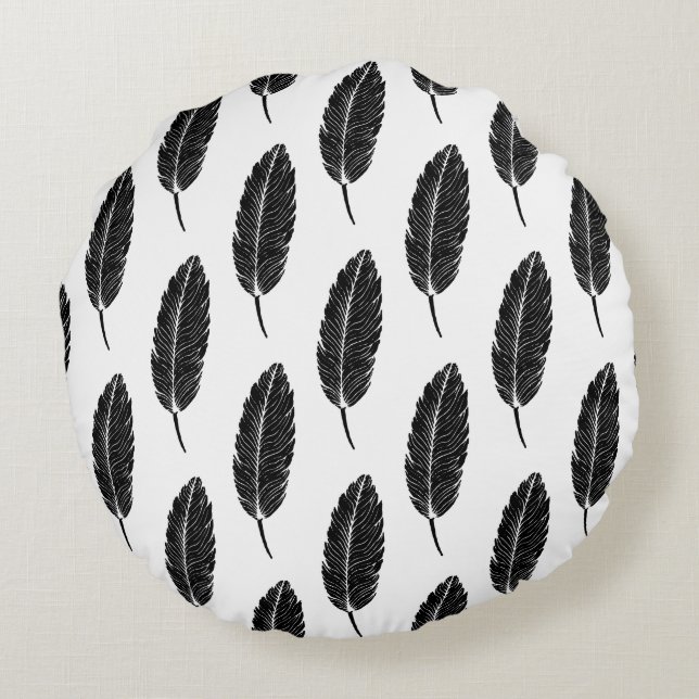 Zwart & Wit rustieke veren Linocut Rond Kussen (Achterkant)