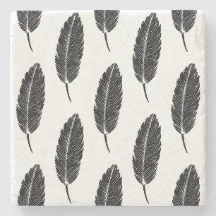 Zwart & Wit rustieke veren Linocut Stenen Onderzetter