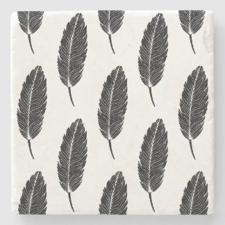 Zwart & Wit rustieke veren Linocut Stenen Onderzetter