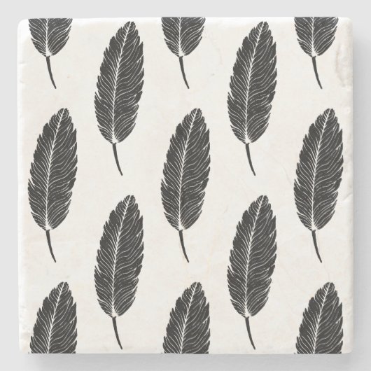 Zwart & Wit rustieke veren Linocut Stenen Onderzetter (Voorkant)