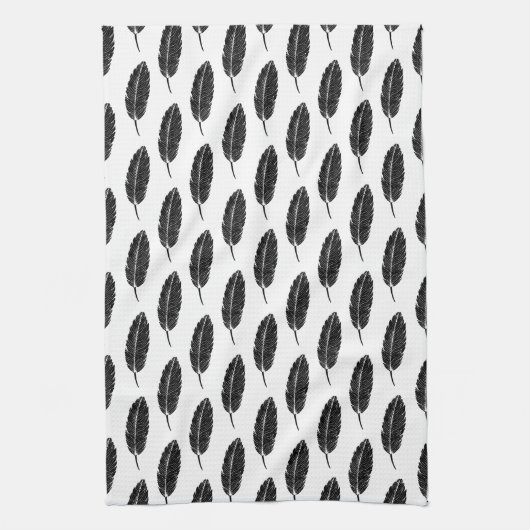 Zwart & Wit rustieke veren Linocut Theedoek (Verticaal)