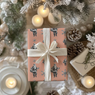 Zwart-wit Santa Line Art Coral Pink Cadeaupapier