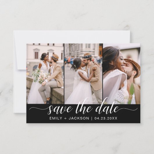 Zwart Wit Save the Date 3 Foto Elegant Modern (Voorkant)