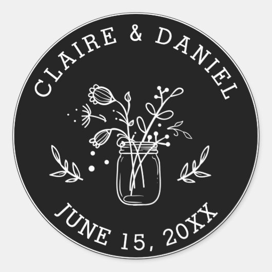 Zwart-wit Save the Date Mason Jar Flowers Ronde Sticker (Voorkant)