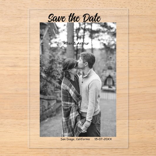 zwart wit save the date QR website naam foto toevo Acryl Uitnodigingen (Voorkant)