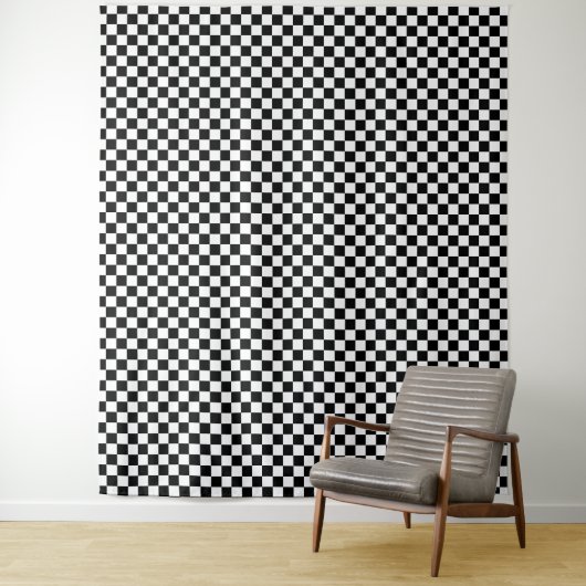 Zwart-wit schaakbordpatroon wandkleed (In situ)
