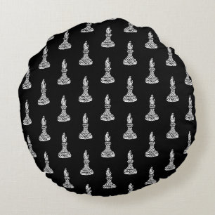 Zwart-wit schaakfiguren Linocut Bishop Rond Kussen