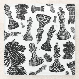 Zwart-wit schaakfiguren Linocut Glazen Onderzetter