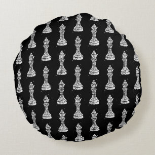 Zwart-wit schaakfiguren Linocut Queen Rond Kussen