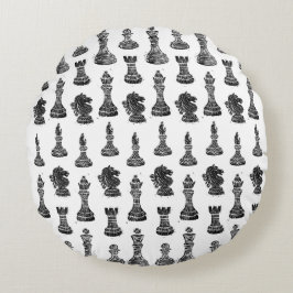Zwart-wit schaakfiguren Linocut Rond Kussen