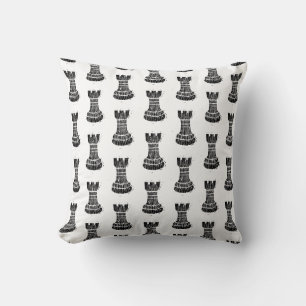 Zwart-wit schaakfiguren Linocut Rook Kussen