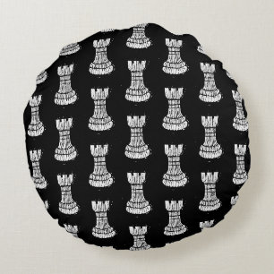 Zwart-wit schaakfiguren Linocut Rook Rond Kussen