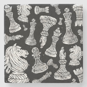 Zwart-wit schaakfiguren Linocut Stenen Onderzetter