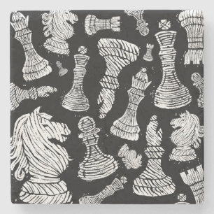 Zwart-wit schaakfiguren Linocut Stenen Onderzetter