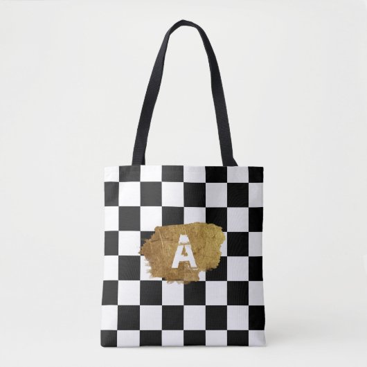 Zwart-wit schaakgouden badge Monogram Tote Bag (Voorkant)