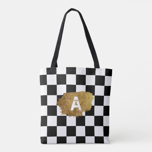 Zwart-wit schaakgouden badge Monogram Tote Bag (Achterkant)