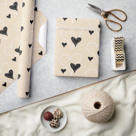 Zwart-wit schattig hartenpatroon cadeaupapier (Crafts)
