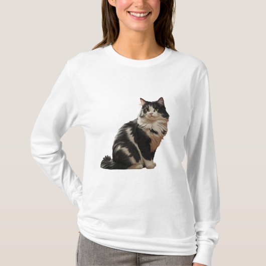 Zwart-wit Schattige Pet Cat Illustratie T-shirt (Voorkant)