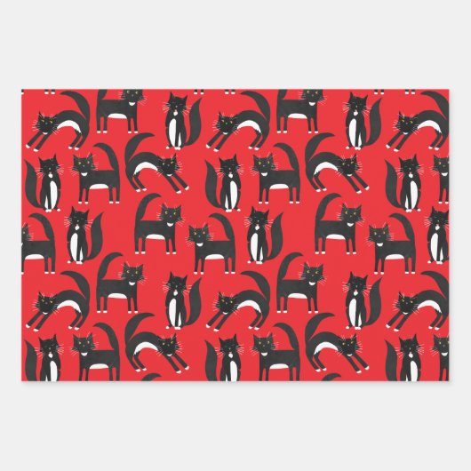 Zwart-wit Schattige Tuxedo Kat rood Patroon Inpakpapier Vel (Voorkant)