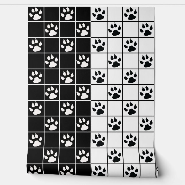 Zwart Wit Schattige Windowpane Paw Plaid Behang (Afrollen)