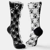Zwart Wit Schattige Windowpane Paw Plaid Sokken (Gebogen)