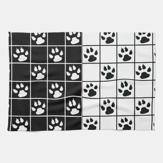 Zwart Wit Schattige Windowpane Paw Plaid Theedoek (Horizontaal)