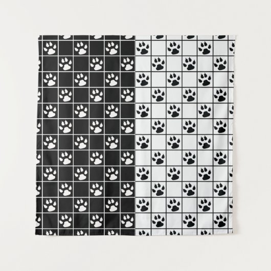 Zwart Wit Schattige Windowpane Paw Plaid Wandkleed (Voorkant)