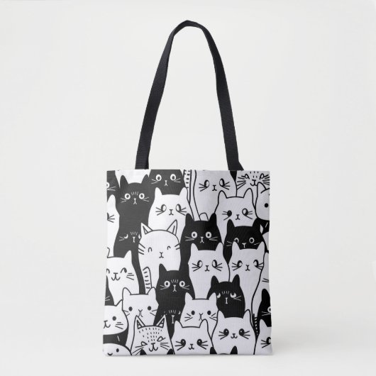Zwart-wit Schattigee Cat Doodle Canvas tas – Stijl (Voorkant)