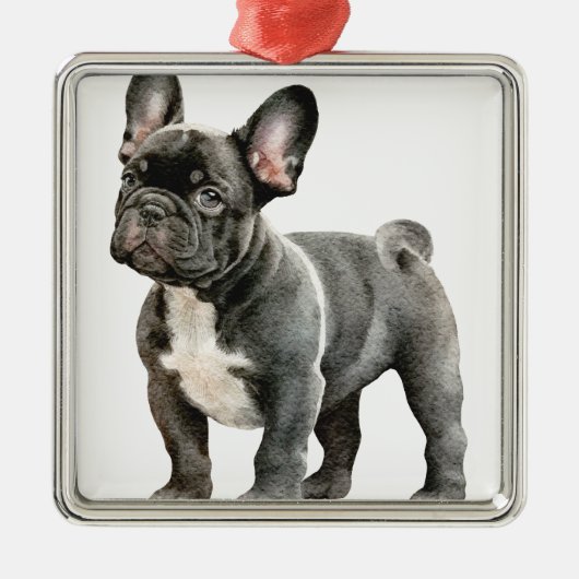 ZWART-WIT SCHATTIGEE FRANSE BULLDOG METALEN ORNAMENT (Voorkant)