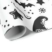 Zwart-wit Schattigee Halloween Line Art Cadeaupapier (Rol Hoek)