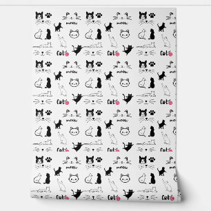 Zwart-wit Schattigee katten en poten illustraties Behang