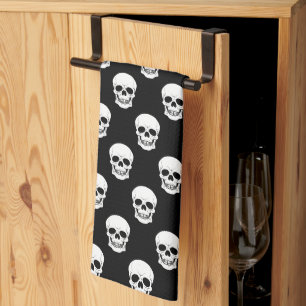 Zwart Wit Schedel Patroon Minimaal Halloween Theedoek