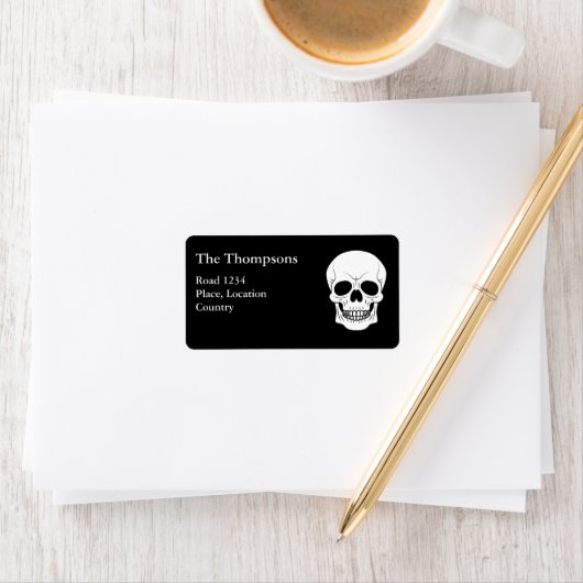 Zwart-wit schedelhoofd griezelig Halloween Etiket (Insitu)