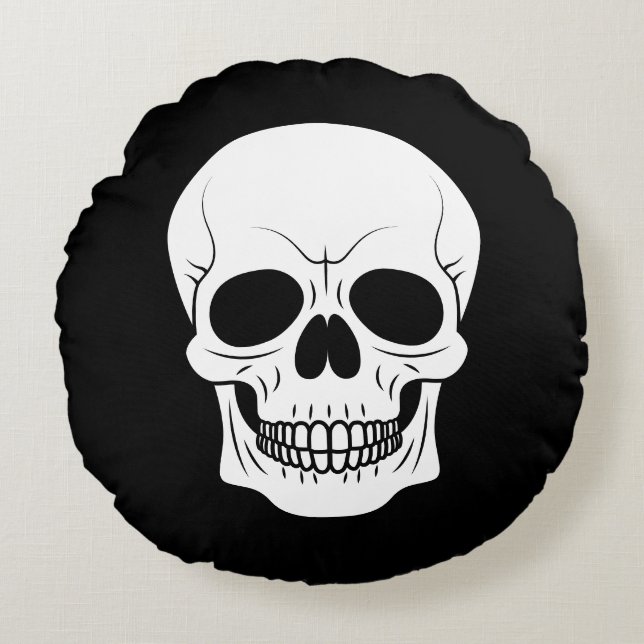 Zwart-Wit Schedelkop Grinnik Halloween Rond Kussen (Voorkant)