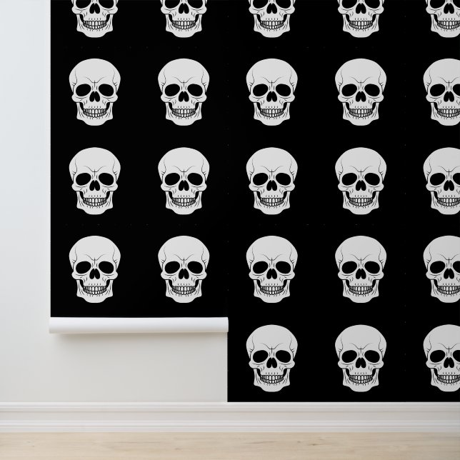 Zwart-Wit Schedelkop Halloween Patroon Behang (Applicatie)