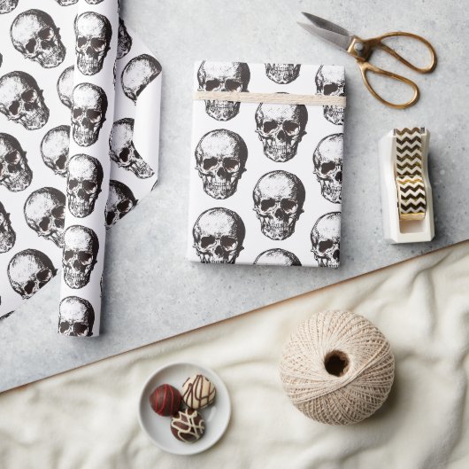 Zwart-wit Schedelpatroon Halloween Cadeaupapier (Crafts)