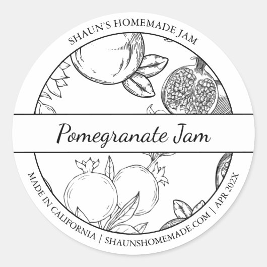 Zwart & Wit Schets Granaatappel Jam label (Voorkant)