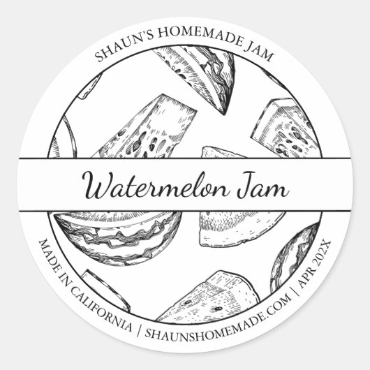 Zwart & Wit Schets Watermeloen Jam label (Voorkant)