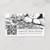 Zwart-wit schetsstijl elektricien met QR Visitekaartje (Voorkant)